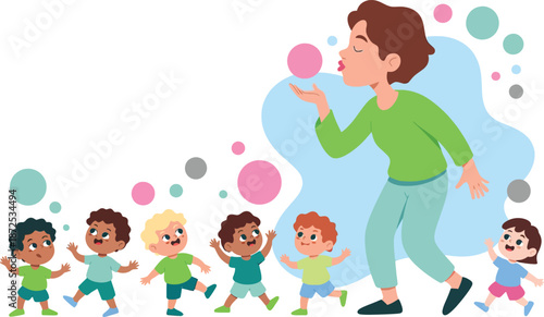 A Kind Teacher Blowing Bubbles for a Group of Happy Children Having Fun Outdoors in a Park or Playground on a Sunny Day