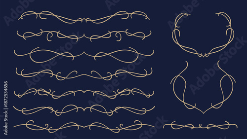 Hand Drawn Vintage Line Divider Collection Isolated on Navy Blue Background.Vector Illustration