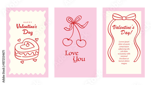 Valentine Day Card Set in Vintage Coquette Style. Vector Illustration