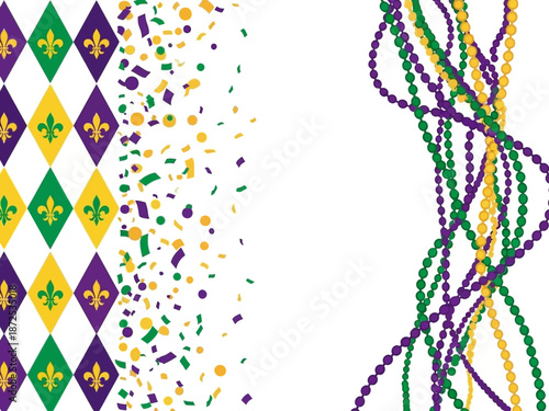 Mardi gras celebration background with beads and confetti