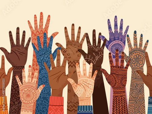 Diverse raised hands with intricate henna or mehndi patterns celebrating unity