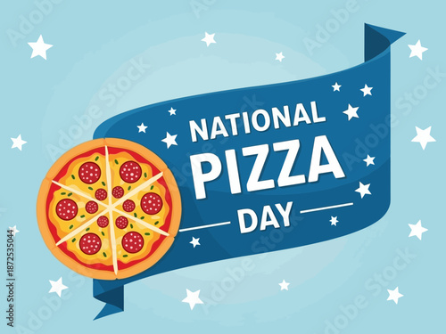 National pizza day celebration with pepperoni pizza and blue banner