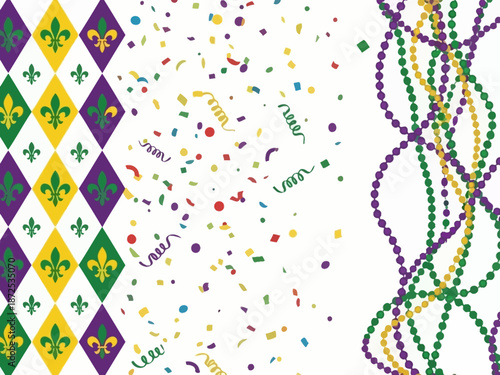 Mardi gras theme with fleurdelis, confetti, and beaded necklaces