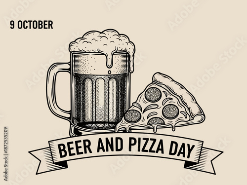 Engraving style illustration for beer and pizza day celebration