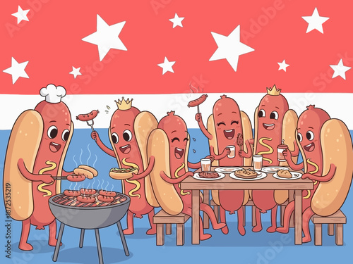 Cartoon hot dogs having a patriotic barbecue party with stars and stripes background
