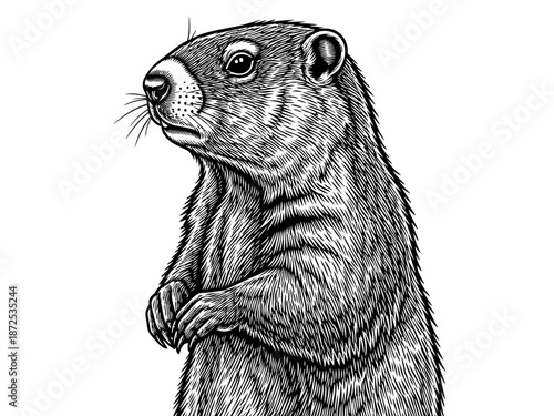 Detailed engraving style groundhog or marmot portrait