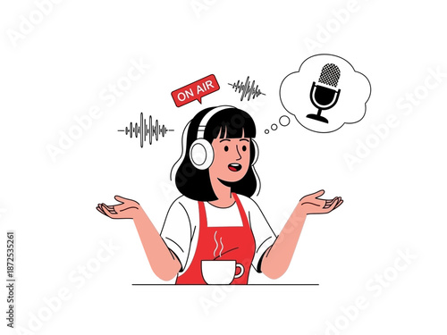 Woman podcaster or radio host with microphone and coffee