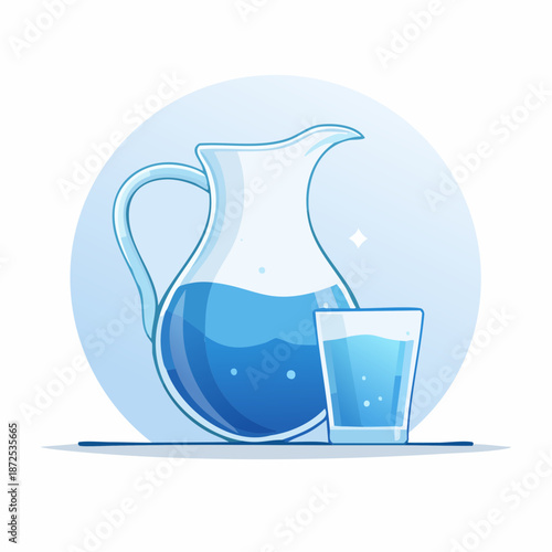 Illustration of a clear glass pitcher filled with fresh water next to a drinking glass, symbolizing hydration and refreshment.
