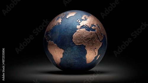 Globe with Intricate Blue and Copper Texture in Dramatic Lighting on Dark Background