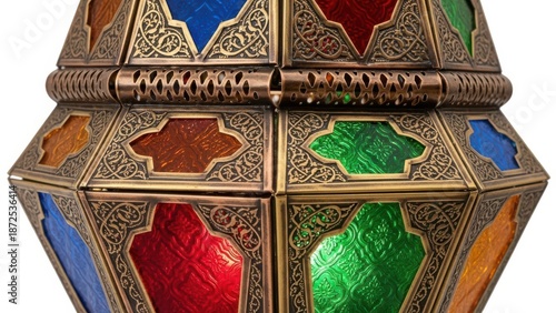 A vibrant and rich, isolated close-up shot displaying an ornate moroccan lantern with multicolored stained glass panels and intricate brass detailing on a clean white background.