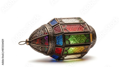 A vibrant, colorful moroccan lantern featuring intricate metalwork and stained glass is captured lying horizontally in a clean studio shot, isolated on a bright white background.