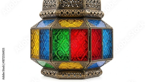 A vibrant and festive traditional moroccan lantern, featuring intricate brass metalwork and multi-colored textured glass panels, is cleanly displayed in a studio cutout on a white background.