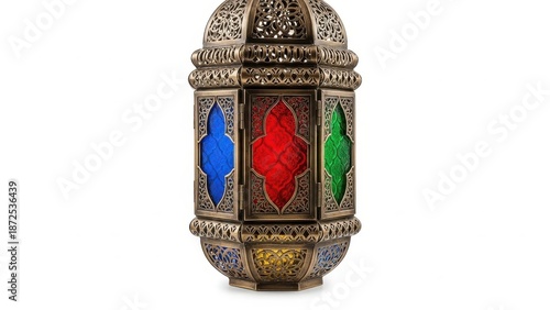 An ornate traditional arabic lantern, featuring vibrant stained glass and warm metallic bronze details, is isolated on a white background in a detailed studio shot.
