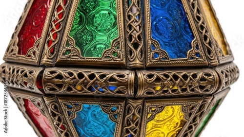 A vibrant close-up studio shot of an ornate hexagonal lantern featuring antique brass metalwork and multi-colored stained glass panels, isolated on white.