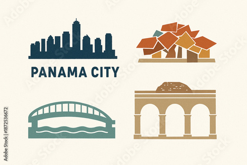 Panama City landmark vector icons with skyline Biomuseo Cinta Costera and Casco Viejo silhouettes