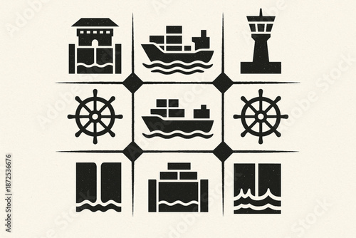 Panama Canal vector icons with ships locks tower wheels and water gate silhouettes