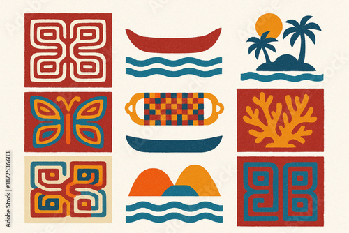 Guna Yala culture vector icons with mola textile canoe coral islands and beaded bracelets