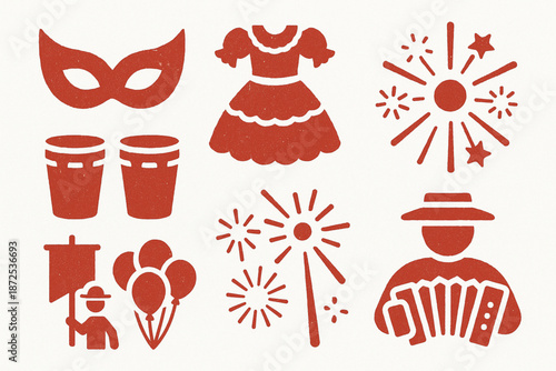 Panama festival vector icons with Carnival masks pollera fireworks drums and parade silhouettes