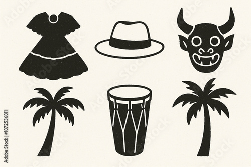 Panamanian cultural icons vector illustration with traditional dress hat mask drum and palm tree