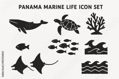 Panama marine life vector icons with whale turtle coral fish manta rays and ocean waves silhouettes