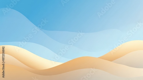 Abstract Beige and Light Blue Background with Wavy Layered Sand Dunes in Minimalist Style Desert Landscape