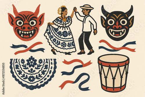 Panamanian folklore vector icons with masks dancers pollera drum and ribbons