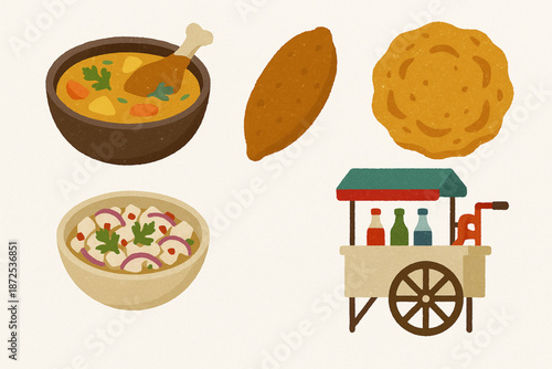 Panamanian food vector icons with sancocho carimañola hojaldre ceviche and raspao cart