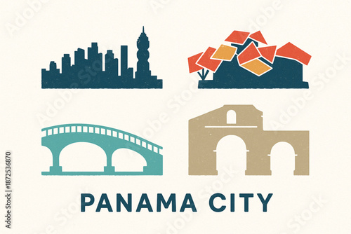 Panama City landmark vector icons with skyline Biomuseo Cinta Costera and Casco Viejo silhouettes