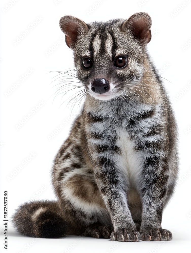 Obraz premium A baby animal with a striped coat is sitting on a white background