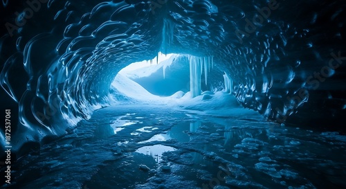 Stunning blue ice cave with icicles and frozen water, creating a magical winter wonderland landscape, perfect for adventure and exploration