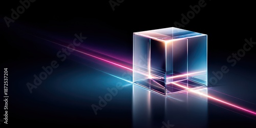 Glowing Cube with Pink and Blue Light Beams on Reflective Surface in Dark Room for Futuristic Aesthetic and Modern Technology Concept