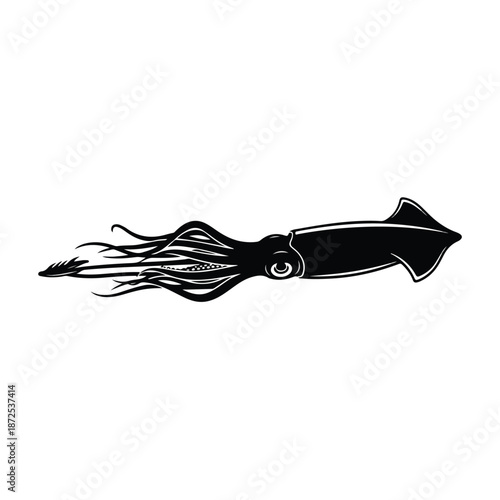 A sea animal silhouette of a squid with tentacles against a clean white background, showcasing its distinctive shape and form in a simple, graphic style.