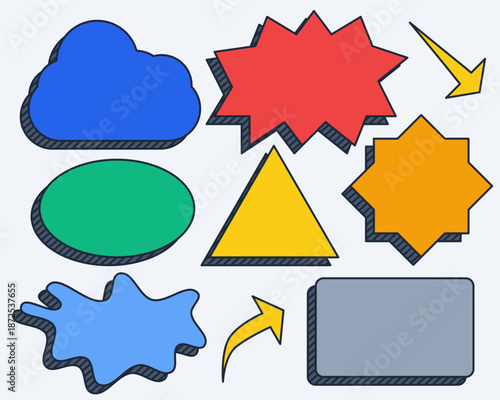 Set of colorful comic style speech bubbles and arrows. Pop art geometric shapes with bold outline and hatched shadow. Vector design elements for infographic mind map template.
