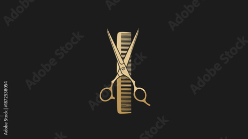 A close-up shot of a pair of golden scissors resting on a golden comb against a black background.