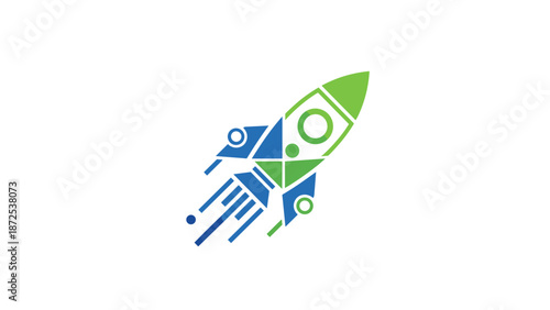 A stylized, geometric rocket ship launching with blue and green abstract shapes and lines.