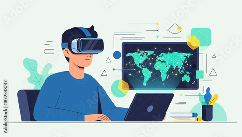 A person wearing VR headset works on laptop with global map on screen