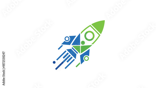 A modern, geometric rocket icon in blue and green, depicting upward motion and technological progress.