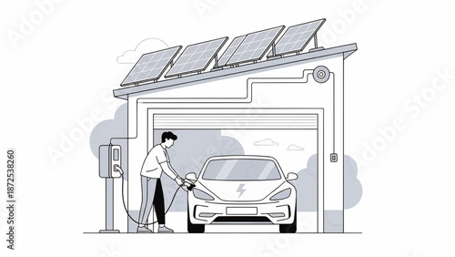 A person charging an electric car in a garage with solar panels
