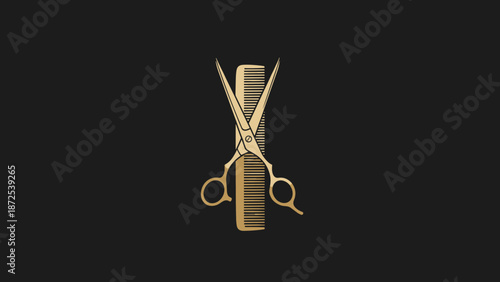 Golden barber scissors and comb set against a dark background, symbolizing hairdressing and professional styling tools.