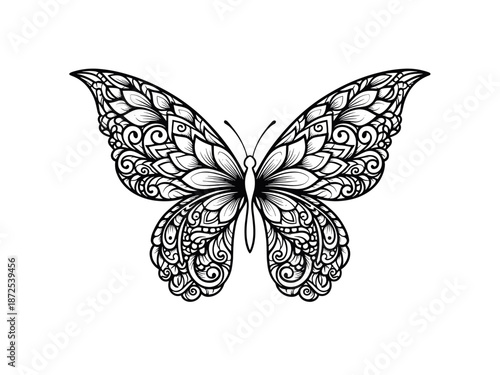 Intricate black and white butterfly illustration with detailed mandala-like patterns on its wings.