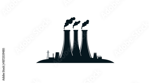 Industrial Power Plant Silhouette with Smokestacks.