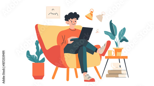 Man Relaxing on Chair with Laptop.