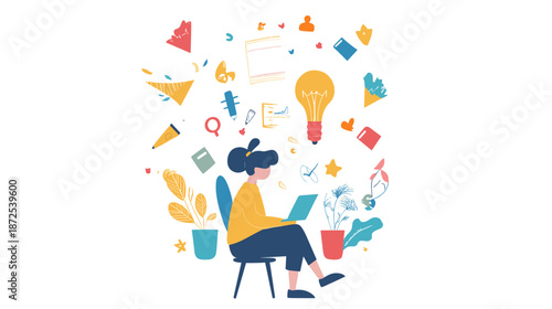 Woman Sitting with Laptop and Ideas.