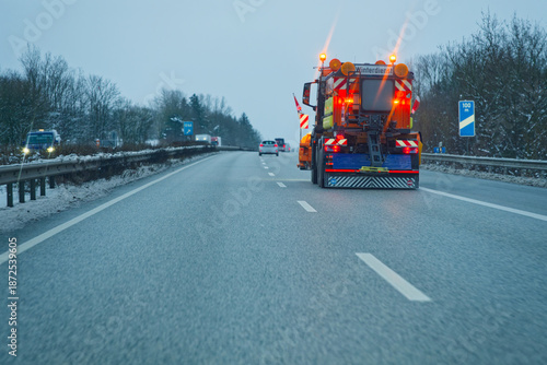 Highway snow clearing on A7 E45 during winter storm Elli Goretti January 2026