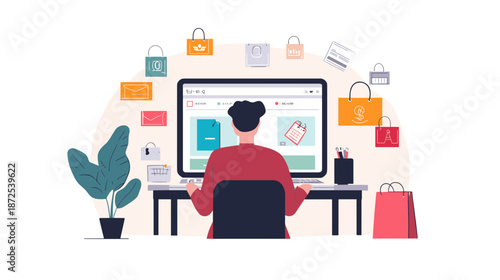 Woman Working on Computer with Shopping Icons.