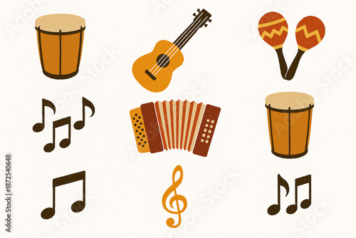 Panama musical instrument vector icons with tambor guitar maracas accordion and festival rhythm