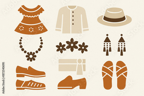 Panama traditional clothing vector icons with pollera dress montuno shirt Panama hat beads and folkloric shoes