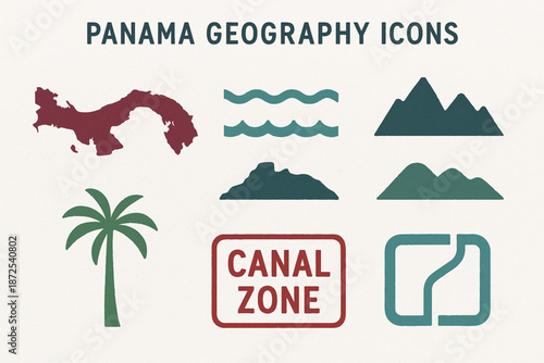 Panama geography vector icons with isthmus map coastline mountains tropical tree and canal zone silhouettes