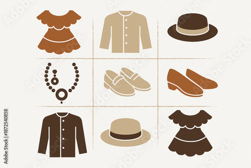 Panama traditional clothing vector icons with pollera dress montuno shirt Panama hat beads and folkloric shoes