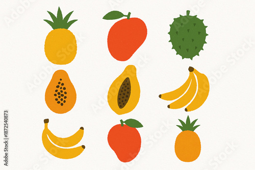 Panama tropical fruits vector icons with pineapple mango guanabana papaya and banana